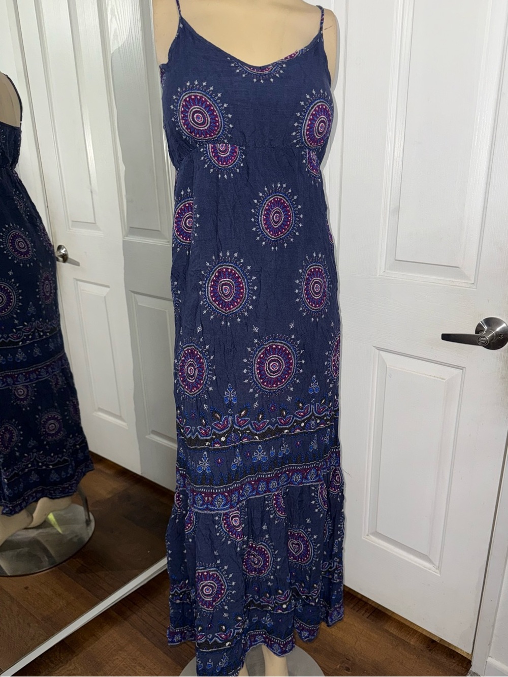 CAbi Navy Paisley Print Maxi Dress with Spaghetti Straps